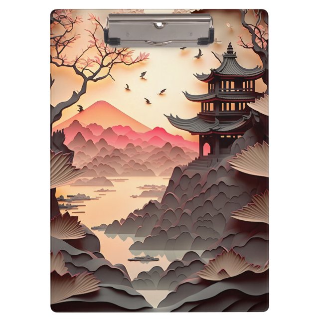 Ancient Chinese Scene Paper Cut Brown Clipboard (Front)