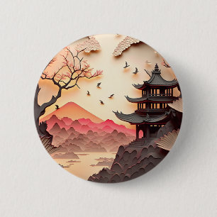 Ancient Chinese Scene Paper Cut Brown Round Button