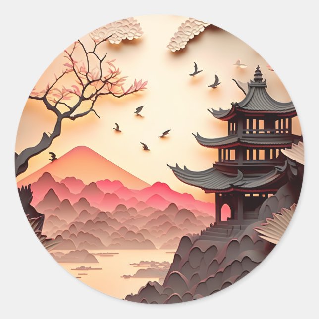 Ancient Chinese Scene Paper Cut Round Stickers (Front)