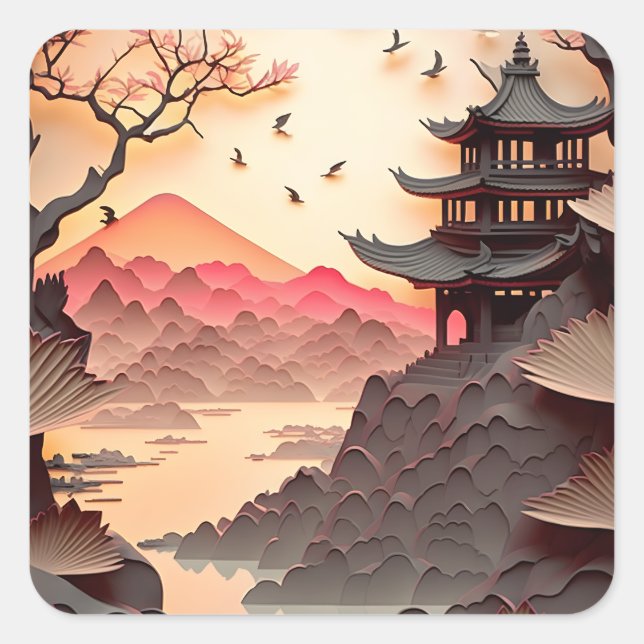 Ancient Chinese Scene Paper Cut Square Stickers (Front)