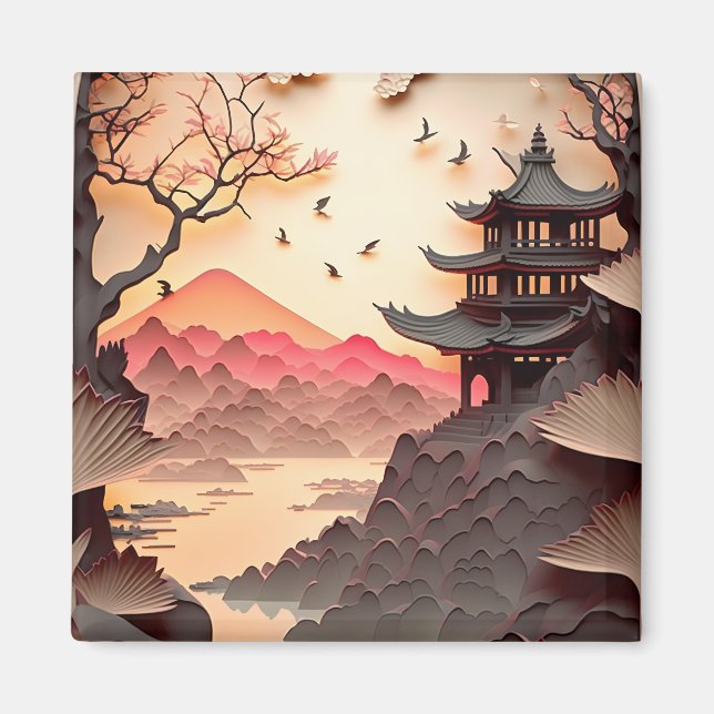 Ancient Chinese Scene PaperCut Brown Square Magnet (Front)