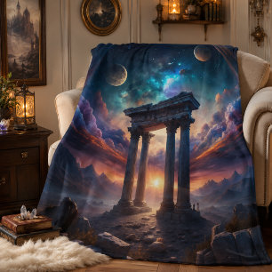 Ancient Cosmic Temple – Fantasy Galaxy Ruins Fleece Blanket