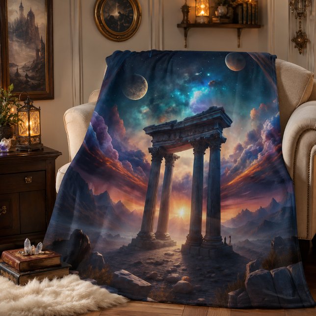 Ancient Cosmic Temple – Fantasy Galaxy Ruins  Fleece Blanket (Creator Uploaded)