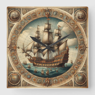 Ancient Dutch (Netherlands) Saling Ships 2 Square Wall Clock