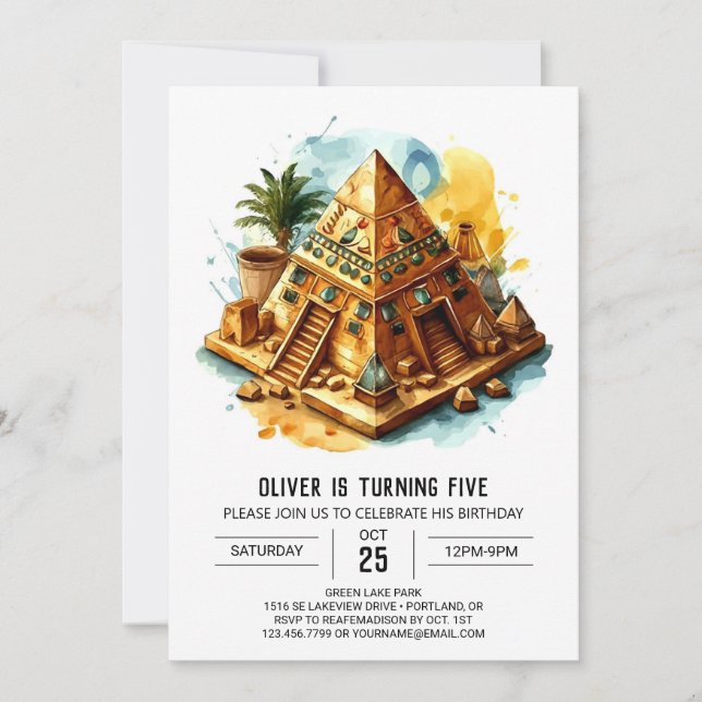 Ancient Egypt Watercolor Chic Pyramids Birthday Invitation (Front)