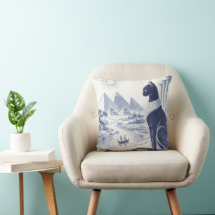 Ancient Egyptian Bastet Cat and Pyramids Blue Cushion