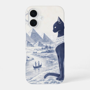 Ancient Egyptian Bastet Cat and Pyramids Blue iPhone 16 Case
