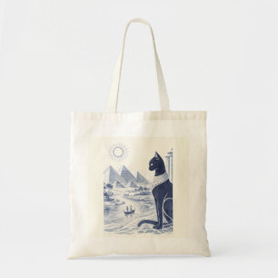 Ancient Egyptian Bastet Cat and Pyramids Blue Tote Bag