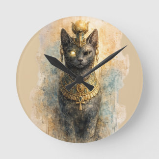 Ancient Egyptian Bastet Cat Goddess Watercolor Art Round Clock