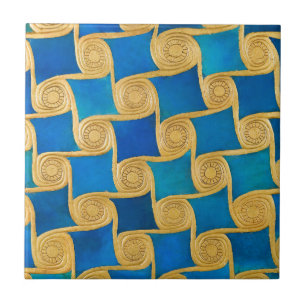 Ancient Egyptian Blue Gold Geometric Pattern Ceramic Tile
