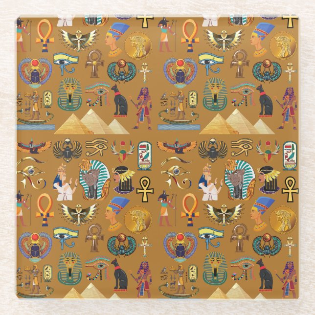 Ancient Egyptian Hieroglyphic -Pattern Hieroglyphi Glass Coaster (Front)