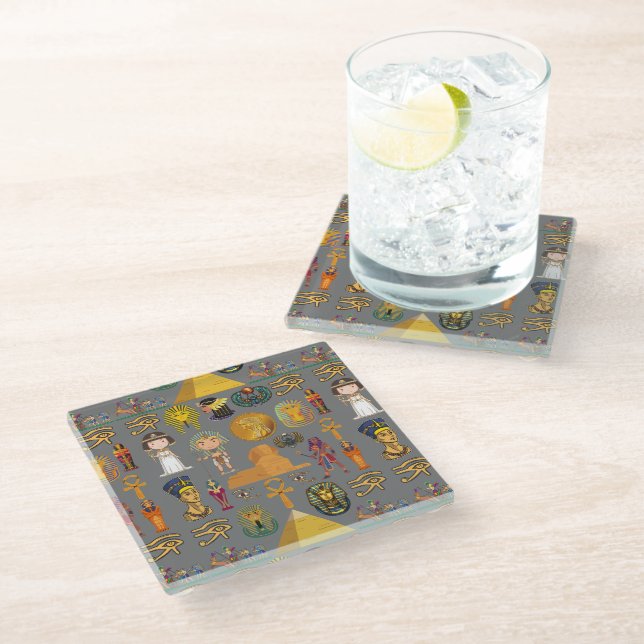 Ancient Egyptian Hieroglyphic -Pattern Pharaoh  Glass Coaster (Angled)