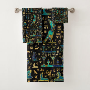 Ancient Egyptian hieroglyphics Marble and Gold Bath Towel Set