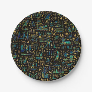 Ancient Egyptian hieroglyphics Marble and Gold Paper Plate