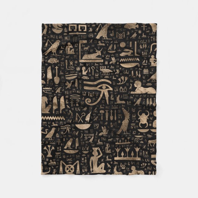 Ancient Egyptian hieroglyphs - Black and gold Fleece Blanket (Front)