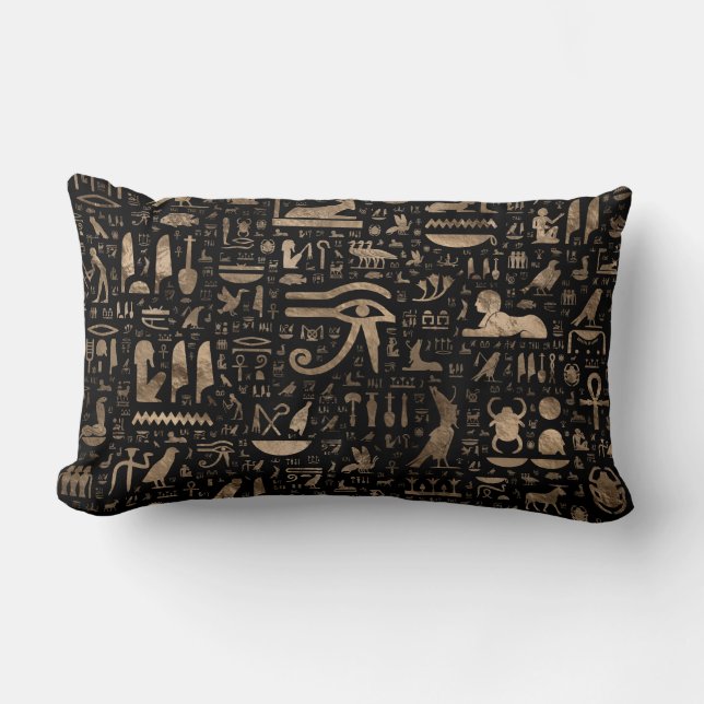 Ancient Egyptian hieroglyphs - Black and gold Lumbar Cushion (Front)