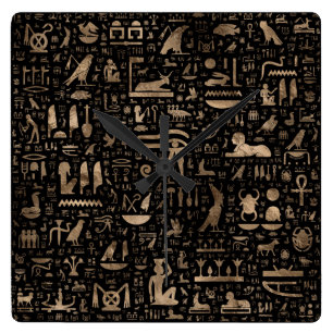 Ancient Egyptian hieroglyphs - Black and gold Square Wall Clock