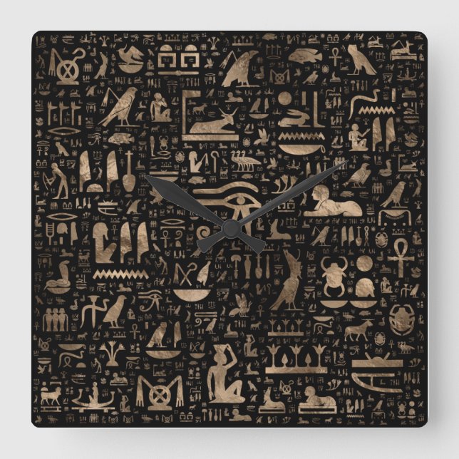Ancient Egyptian hieroglyphs - Black and gold Square Wall Clock (Front)