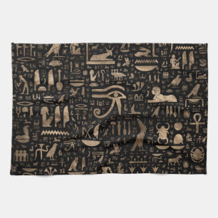 Ancient Egyptian hieroglyphs - Black and gold Tea Towel