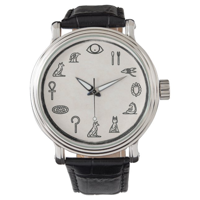 Ancient Egyptian Hieroglyphs Black Leather Watch (Front)