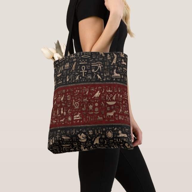 Ancient Egyptian hieroglyphs - Black Red Leather Tote Bag (Close Up)