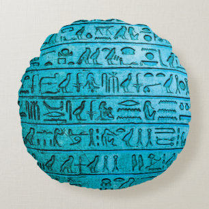 Ancient Egyptian Hieroglyphs Blue Round Cushion
