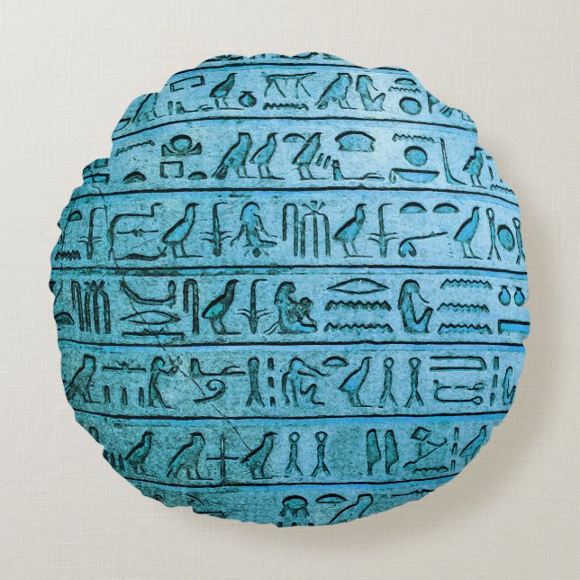 Ancient Egyptian Hieroglyphs Blue Round Cushion (Front)