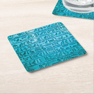 Ancient Egyptian Hieroglyphs Blue Square Paper Coaster