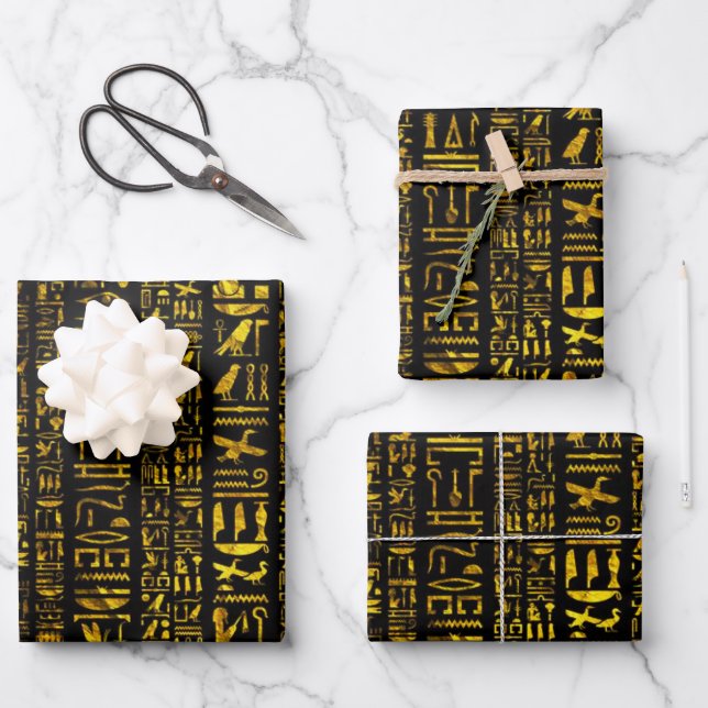 Ancient Egyptian hieroglyphs gold black decoupage Wrapping Paper Sheet (Front)