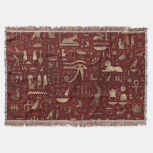 Ancient Egyptian hieroglyphs Red Leather and gold Throw Blanket