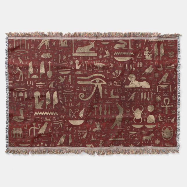 Ancient Egyptian hieroglyphs Red Leather and gold Throw Blanket (Front)