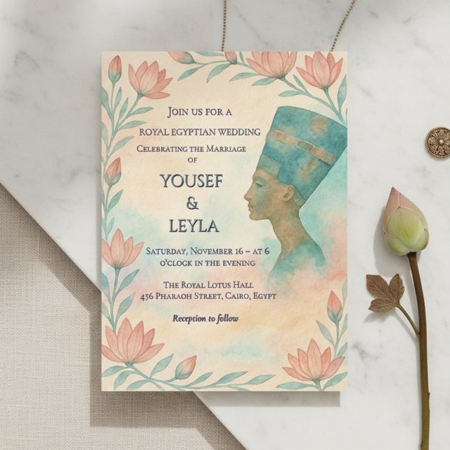 Ancient Egyptian Majestic Nefertiti Invite (Ancient Egyptian wedding invitation with Nefertiti & lotus.)