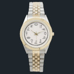 Ancient Egyptian Numerals Gold Two-Tone Watch<br><div class="desc">Step into the world of the pharaohs with this exquisite two-tone wristwatch featuring authentic Ancient Egyptian numerals. The elegant white dial is adorned with meticulously crafted black hieroglyphic-style characters, offering a unique and intellectual twist to a classic timepiece. This watch boasts a sophisticated gold and silver-tone stainless steel band, making...</div>