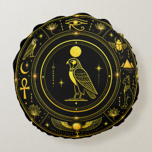 Ancient Egyptian Symbols Black Gold Pattern Luxury Round Cushion