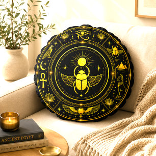 Ancient Egyptian Symbols Black Gold Pattern Luxury Round Cushion
