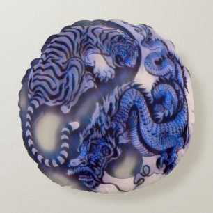 Ancient Emperor Tiger Dragon Yin Yang Round Cushion