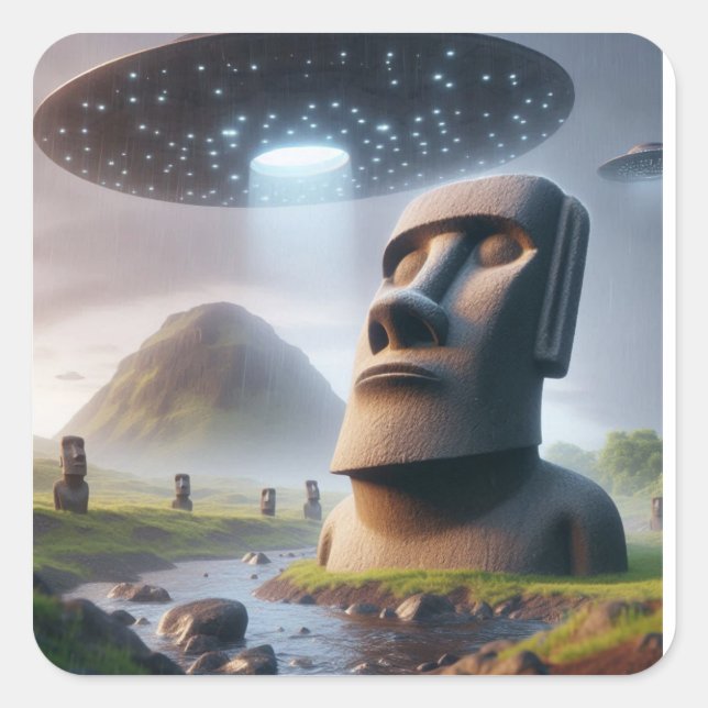 Ancient Encounter: Moai Statues and UFOs Square Sticker (Front)