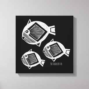 Ancient fish white ink black canvas print