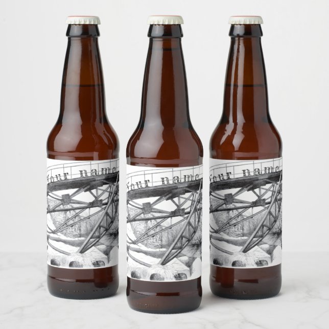 Ancient footbridge. Pencil drawing. Beer Bottle Label (Bottles)