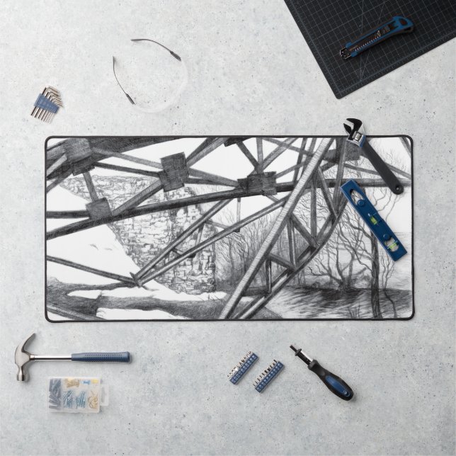 Ancient footbridge pencilart Monochrome Desk Mat (Workstation)