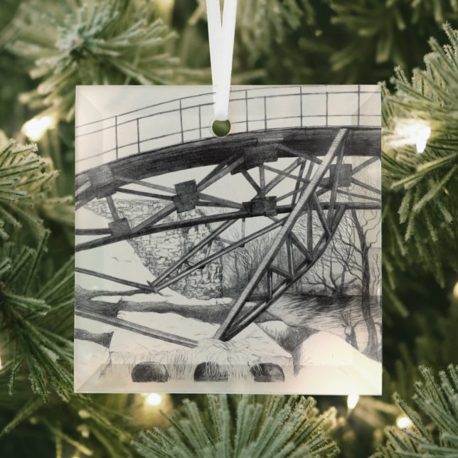 Ancient footbridge pencilart Monochrome Glass Tree Decoration (Insitu)