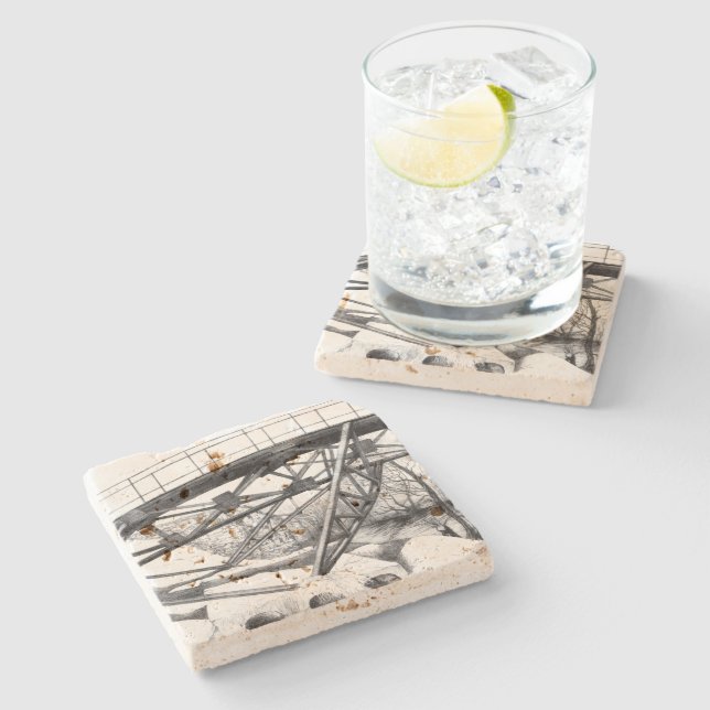 Ancient footbridge pencilart Monochrome Stone Coaster (Side)