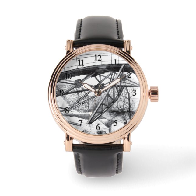 Ancient footbridge pencilart Monochrome Watch (Front)