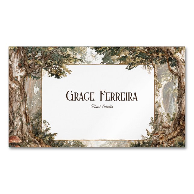 Ancient Forest Gnarled Tree Rustic Gold Frame Magnetic Business Card (Front)