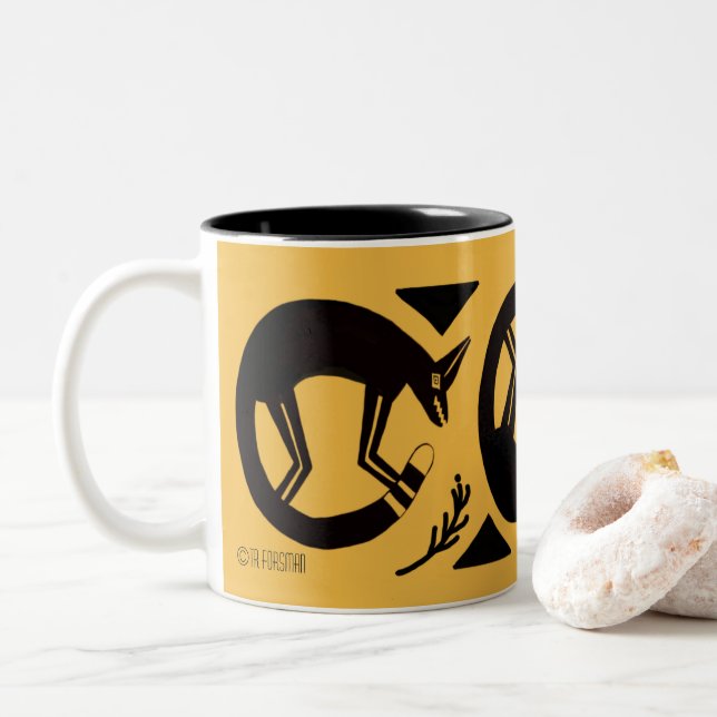 Ancient foxes  and flowers on Indian yellow mug (With Donut)