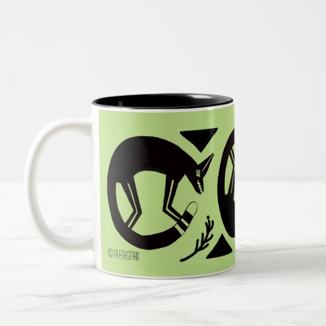 Ancient foxes  and flowers on lite green mug (Left)