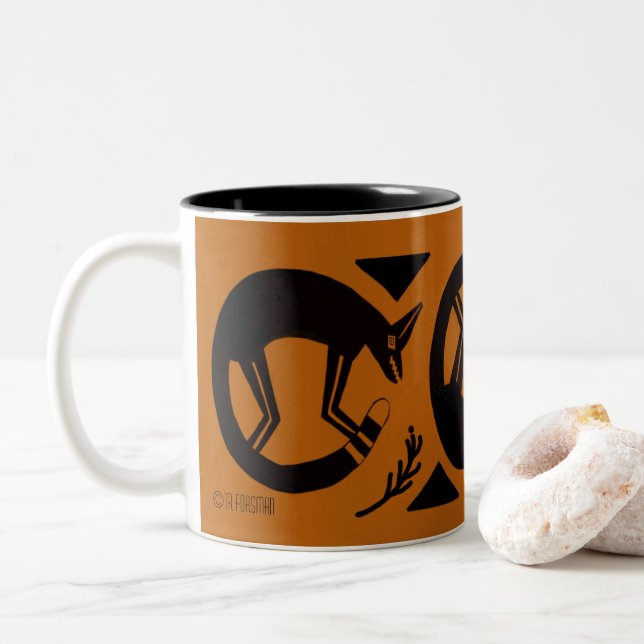 Ancient foxes  and flowers on orange mug (With Donut)