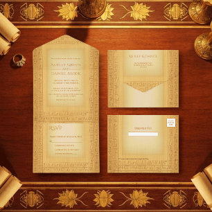 Ancient Gold Hieroglyphic Motifs Egyptian Wedding All In One Invitation