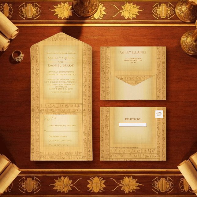 Ancient Gold Hieroglyphic Motifs Wedding Foil All In One Invitation (Creator Uploaded)