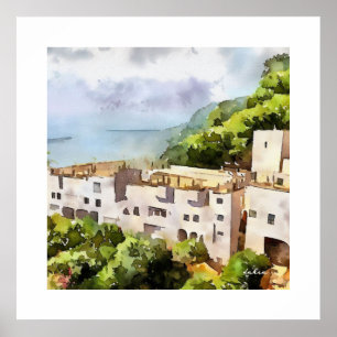 ANCIENT GREECE MOUNTAIN SIDE VILLAGE WATERCOLOR POSTER